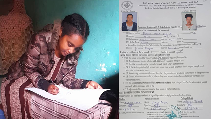 An Ethiopian girl learning for school and the admission document for the nursing school