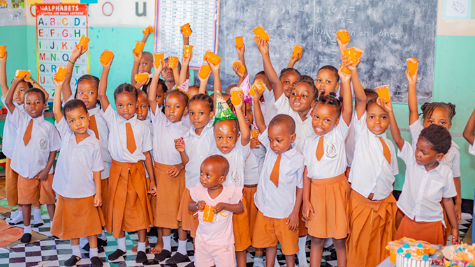 Primary school children in school uniform